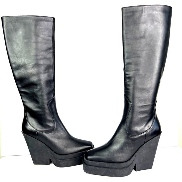 Gia Borghini Texan Knee High Western Boot Black Leather Platform Wedge Heel - Picture 7 of 9